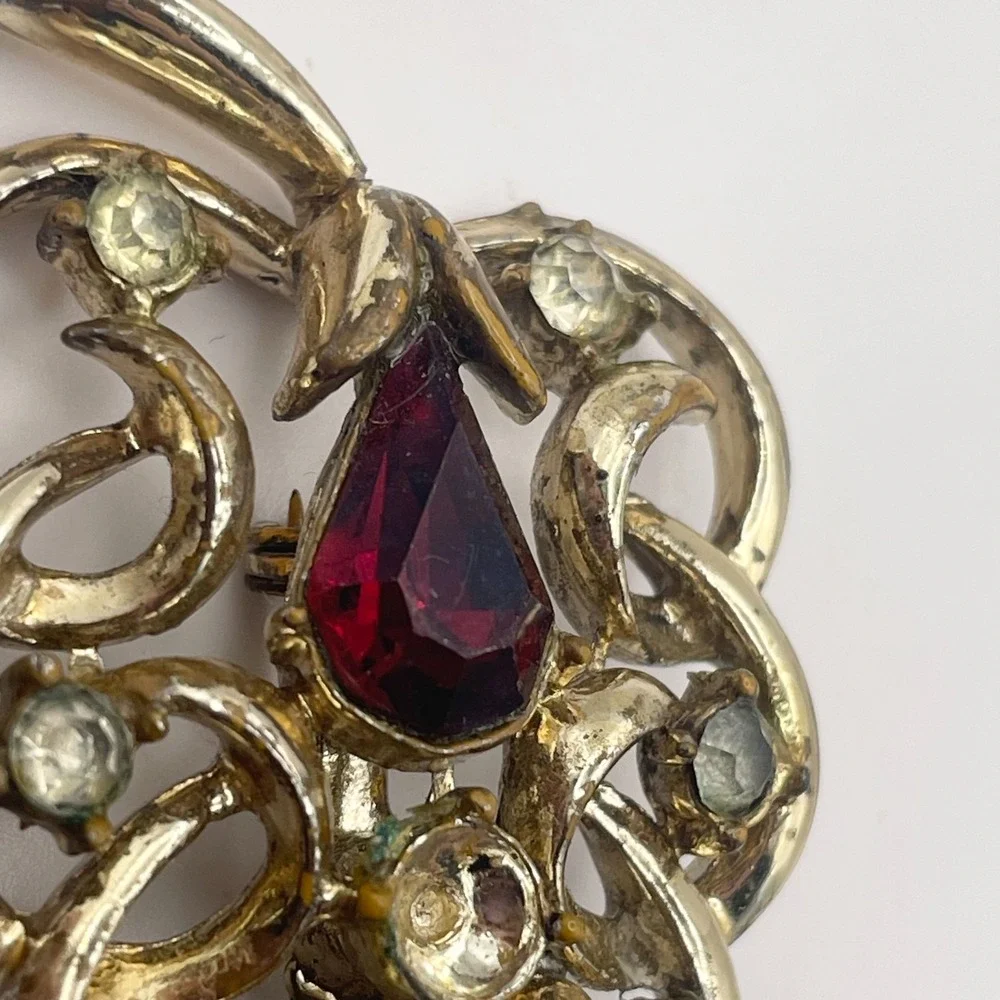 Vintage Gold Tone Red Pear Rhinestone Openwork Shield Filigree Statement Brooch